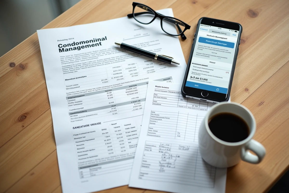 Documents de gestion de copropriété posés sur une table avec smartphone affichant une application de syndic bénévole