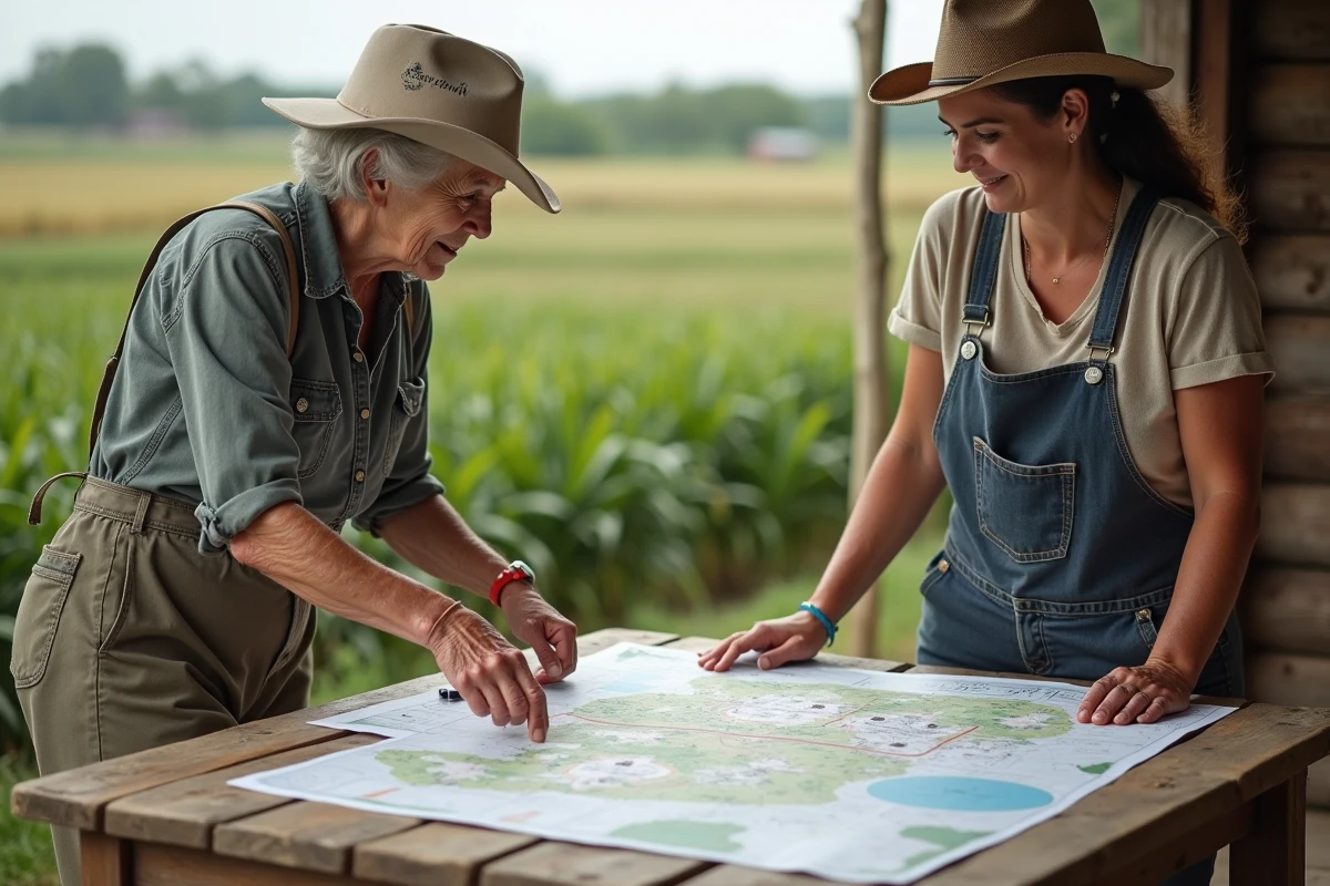 Groupe de femmes discutant plans de terrain dans ferme rustique