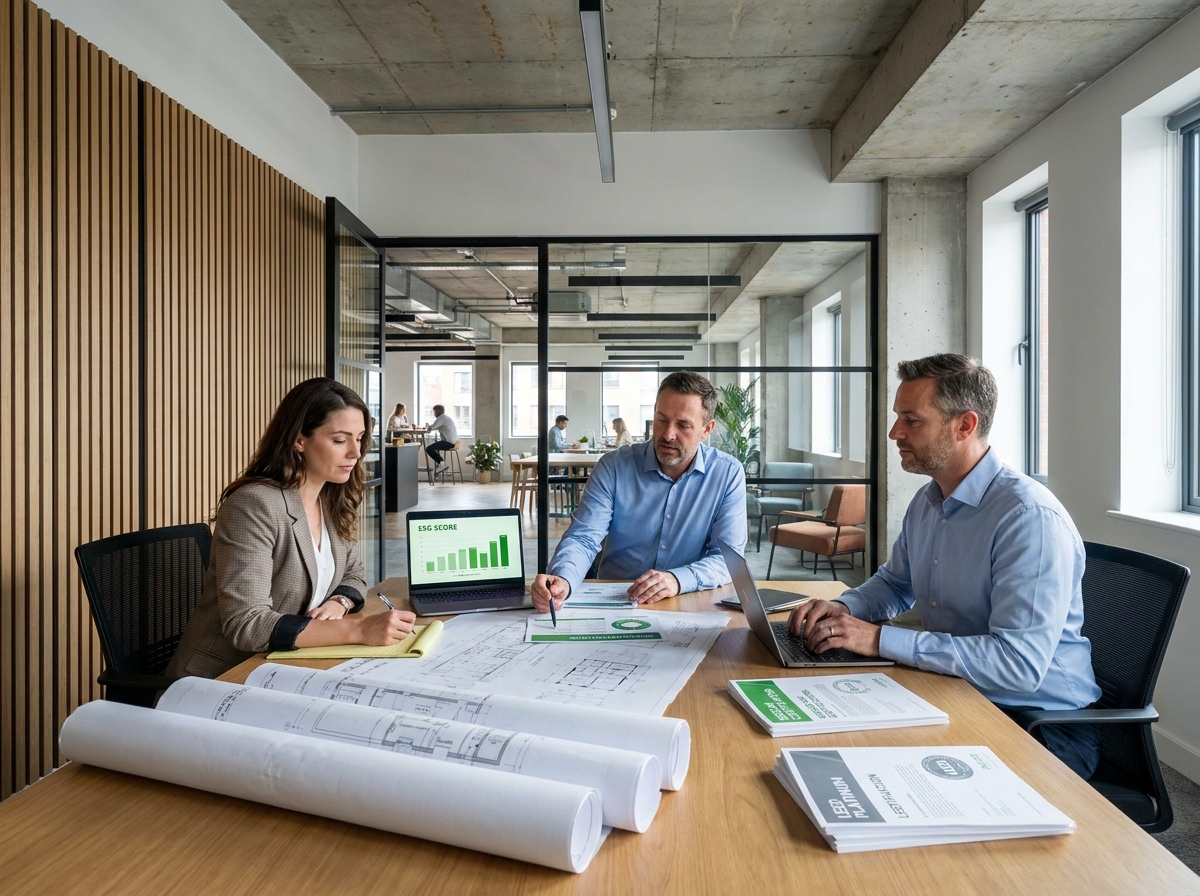 Équipe de professionnels de l'immobilier discutant de stratégie ESG autour de plans et de rapports de performance durable en salle de réunion