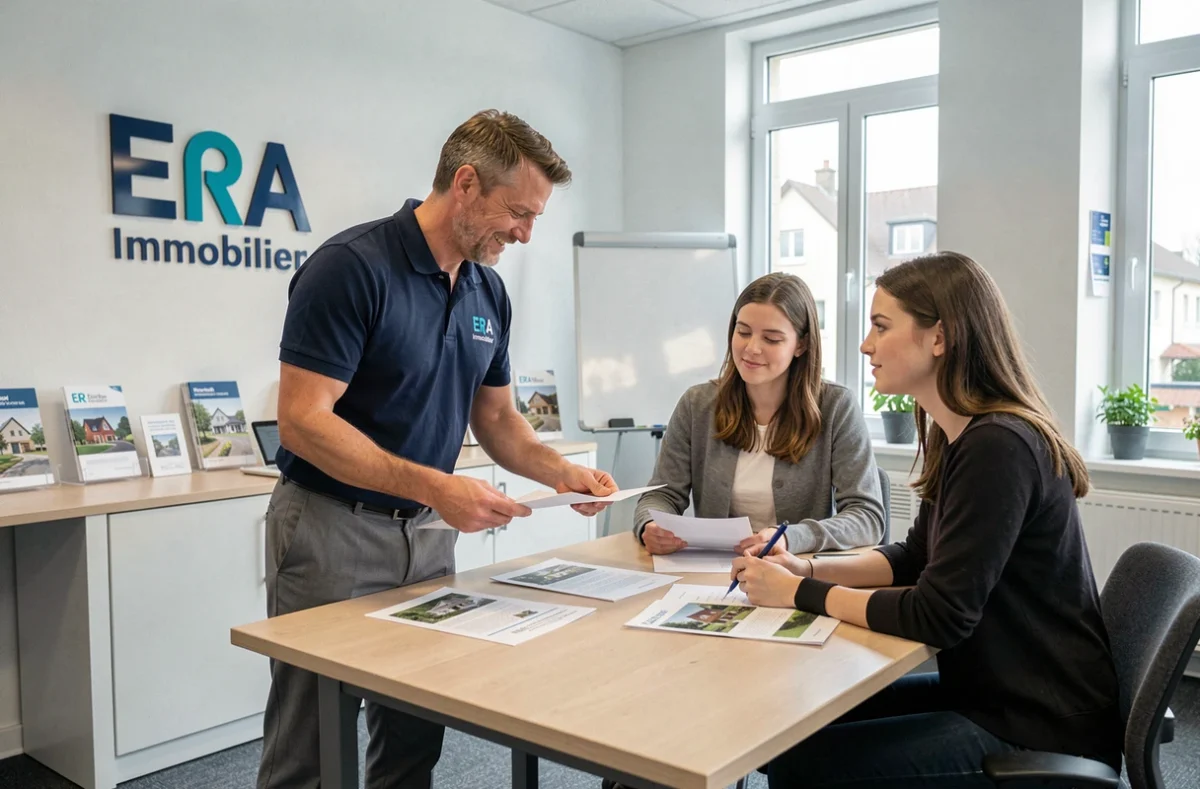 Agent ERA Immobilier Doubs présentant des documents immobiliers à un jeune couple dans l'agence