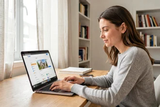 Femme consultant son espace client MyFoncia sur un ordinateur portable depuis son appartement parisien
