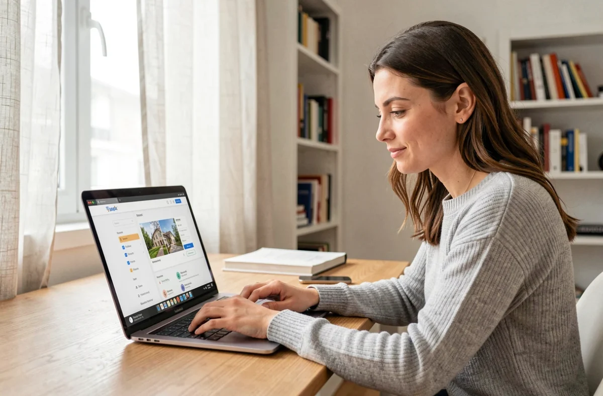 Femme consultant son espace client MyFoncia sur un ordinateur portable depuis son appartement parisien