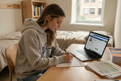 Étudiante remplissant un dossier de demande de bourse et de logement CROUS dans sa chambre universitaire