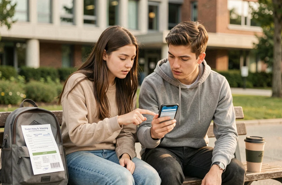 Deux étudiants consultant ensemble leur dossier de bourse et code locataire CROUS sur un smartphone devant le campus