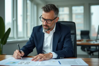 Expert immobilier en blazer bleu examine des documents