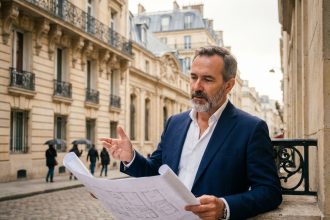 Expert immobilier local debout devant un immeuble haussmannien à Paris, examinant des plans architecturaux dans un cadre urbain européen