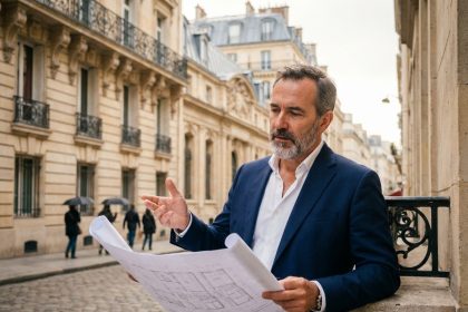 Expert immobilier local debout devant un immeuble haussmannien à Paris, examinant des plans architecturaux dans un cadre urbain européen