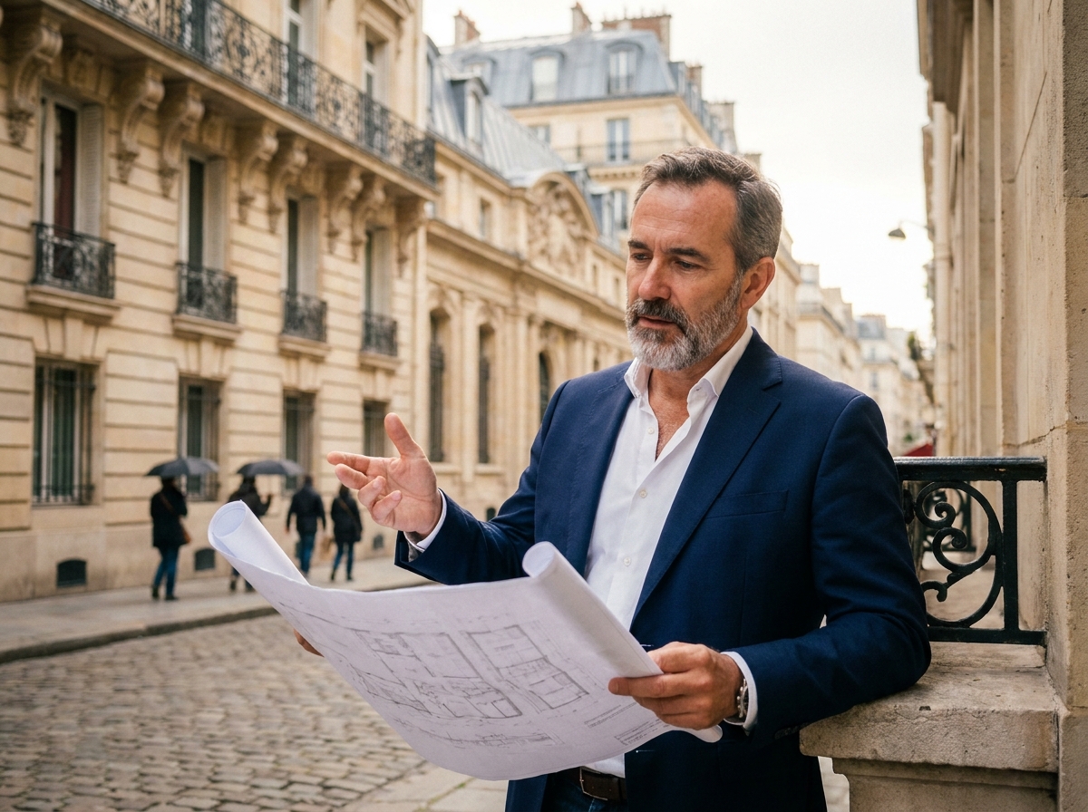 Expert immobilier local debout devant un immeuble haussmannien à Paris, examinant des plans architecturaux dans un cadre urbain européen
