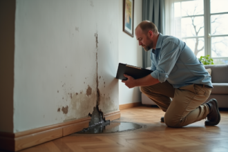 Expert en réparation d'infiltration examine un mur humide