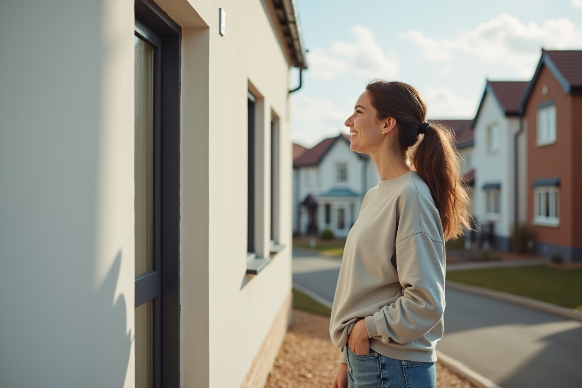 Femme regardant la façade rénovée de sa maison avec satisfaction