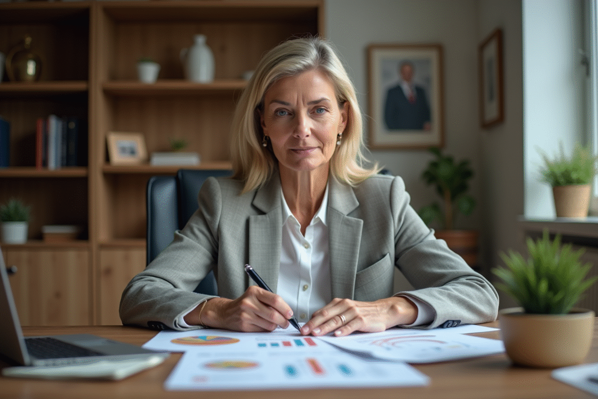 Femme d affaires examine documents immobiliers avec confiance