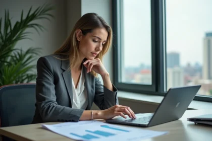 Femme d affaires en bureau professionnel examinant des documents