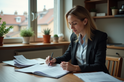 Femme d'affaires moyenne âge organise des papiers à la maison