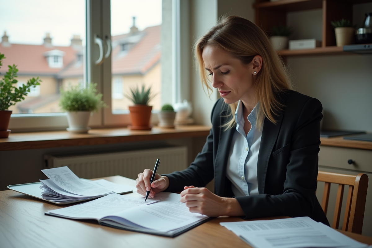 Femme d'affaires moyenne âge organise des papiers à la maison