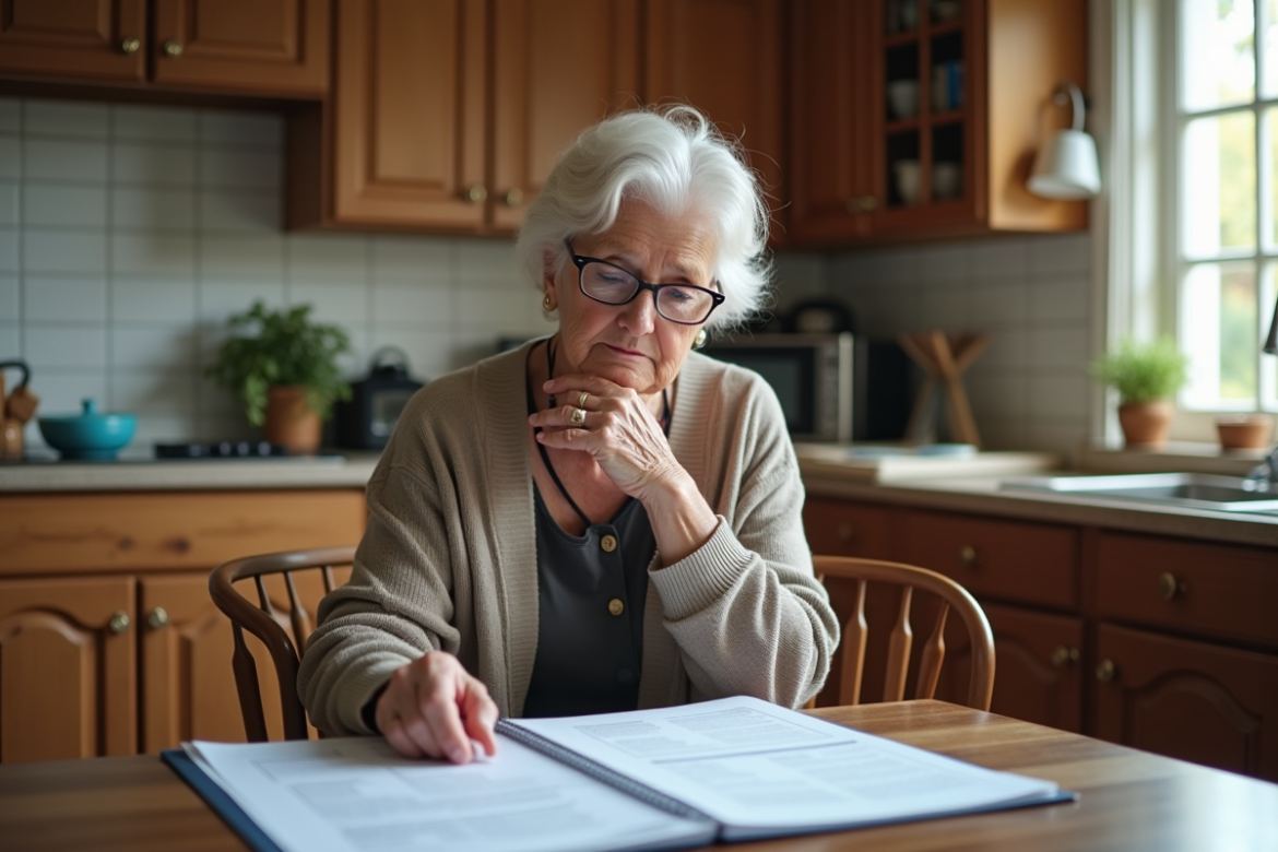 Femme âgée examine documents de location dans sa cuisine