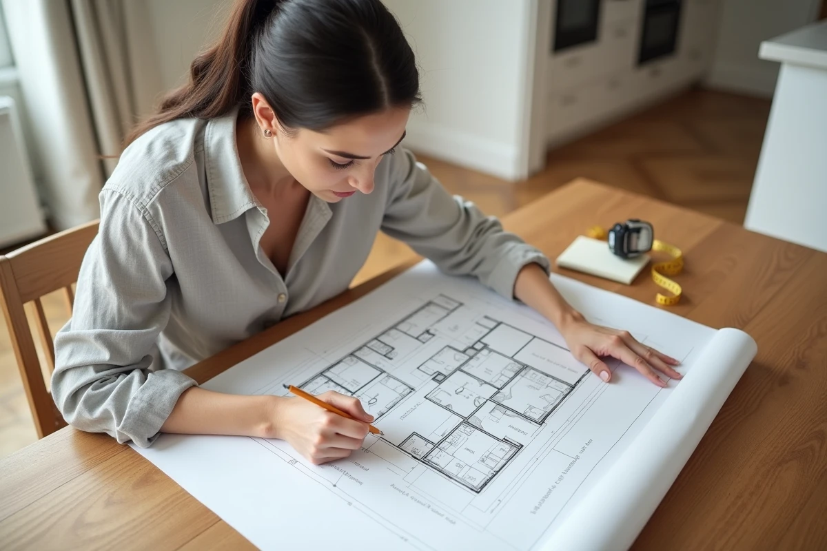 Femme étudiant un plan d'appartement T4 posé sur une table en bois dans un intérieur parisien moderne