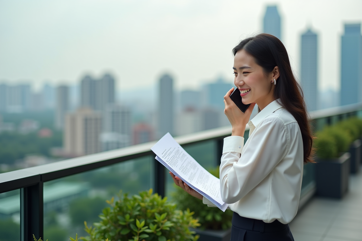 Femme gestionnaire immobiliere au toit avec documents