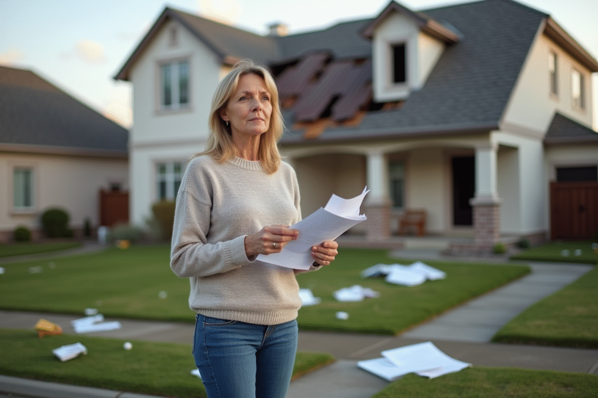 Femme préoccupée tenant documents d'assurance devant maison endommagée