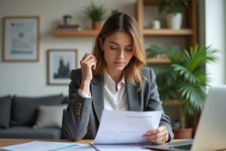 Femme en bureau à domicile examinant des documents fiscaux