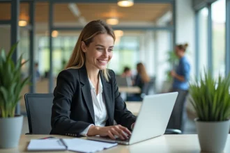 Femme souriante utilisant un ordinateur dans un bureau moderne