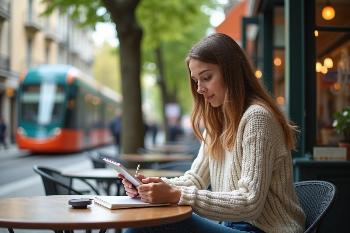 Jeune femme au café à Grenoble étudie sur tablette