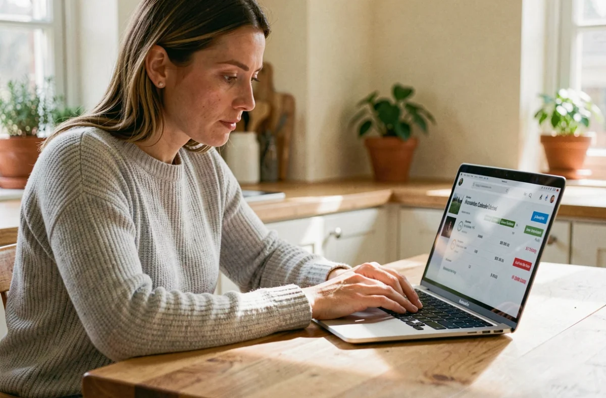 Femme comparant des tarifs d'assurance habitation en ligne sur un ordinateur portable dans une cuisine moderne