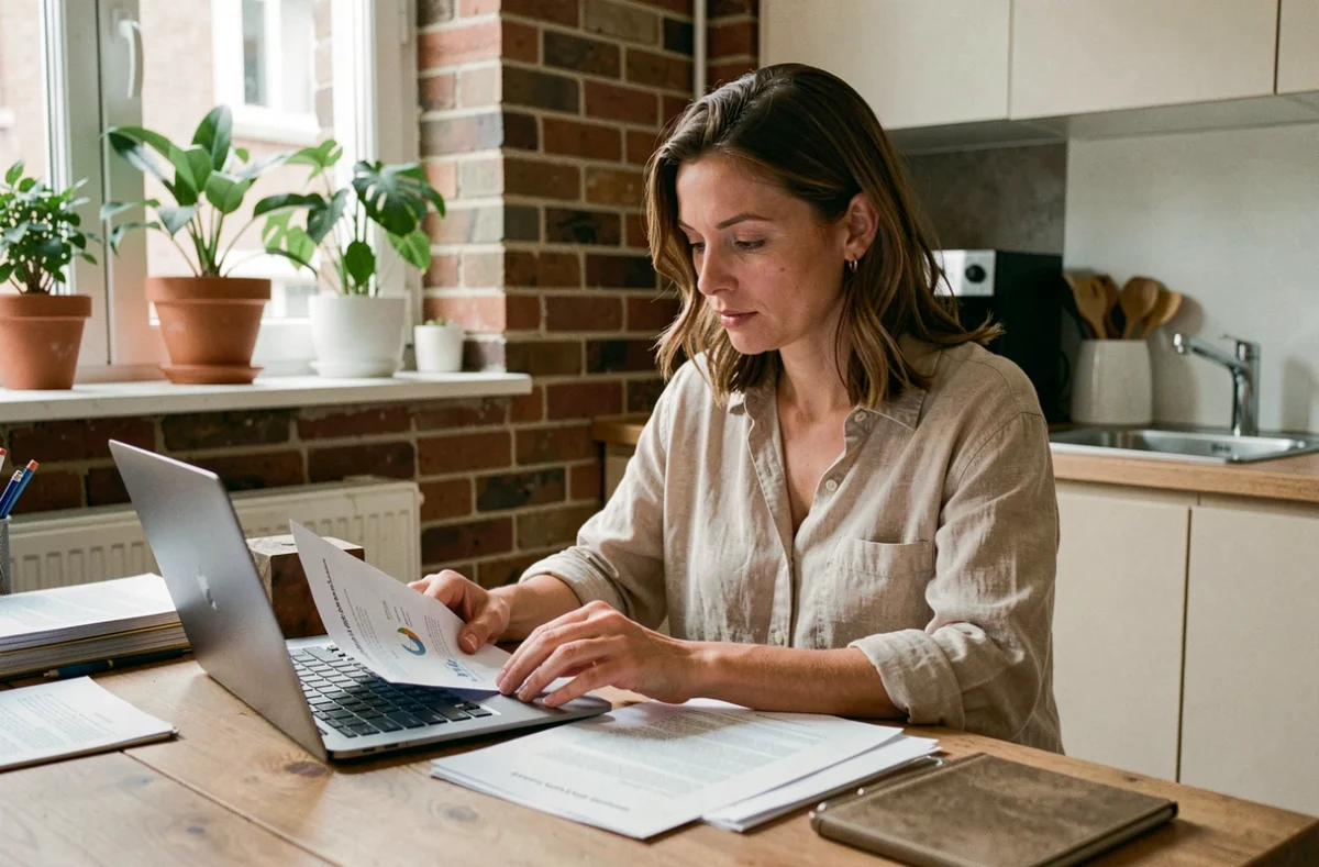Femme consultant des documents de prêt immobilier et un comparateur de logement sur ordinateur portable dans un appartement moderne