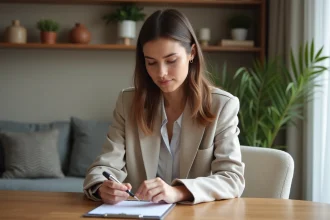 Jeune femme concentrée vérifiant une checklist dans un intérieur cosy