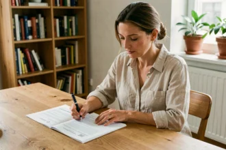 Femme consultant son contrat d'assurance habitation Suravenir à la table de sa cuisine moderne