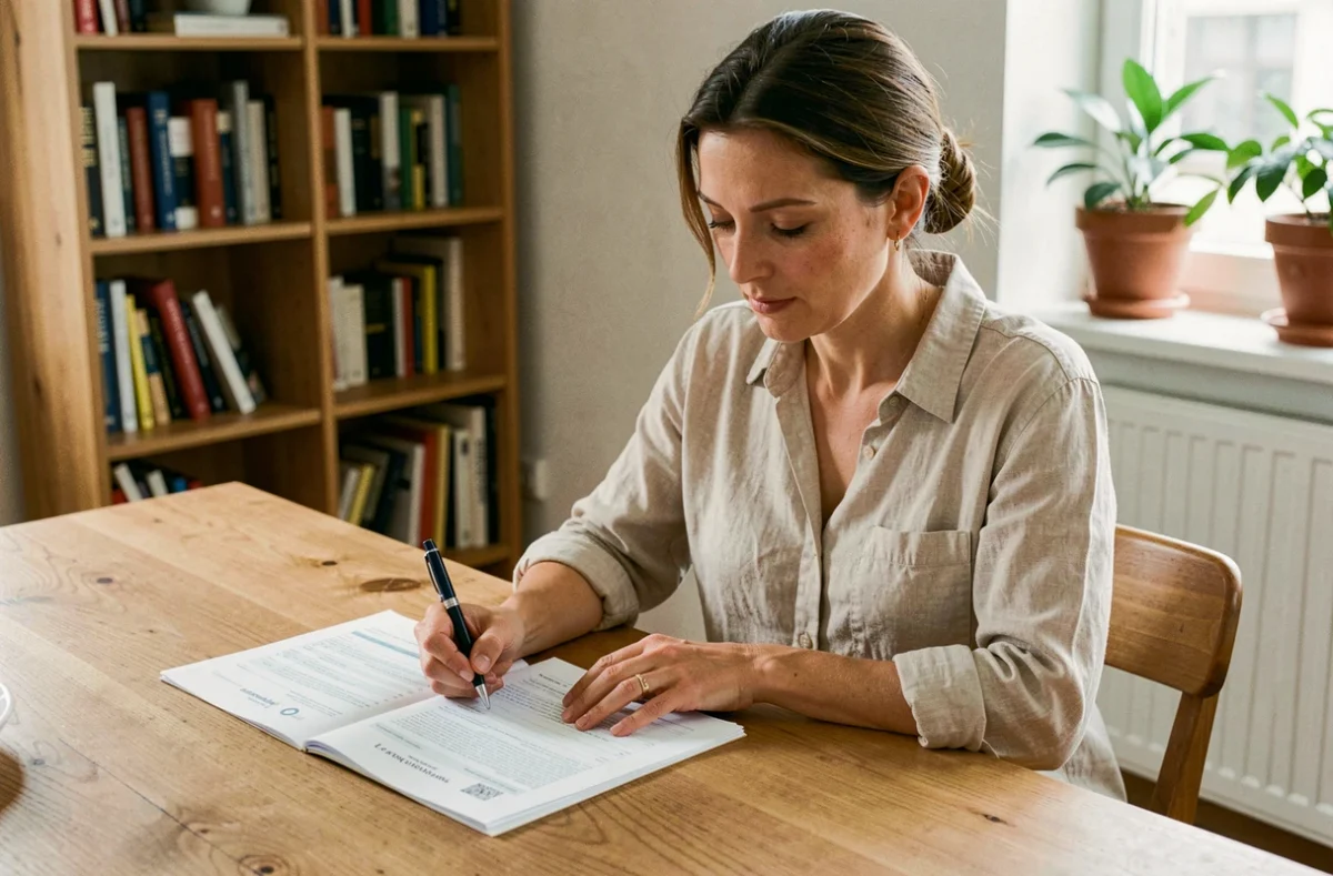 Femme consultant son contrat d'assurance habitation Suravenir à la table de sa cuisine moderne