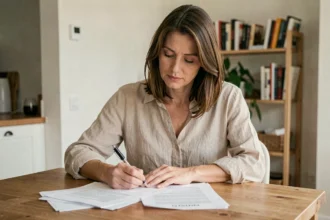 Femme consultant son contrat d'assurance habitation tous risques à la table de sa cuisine