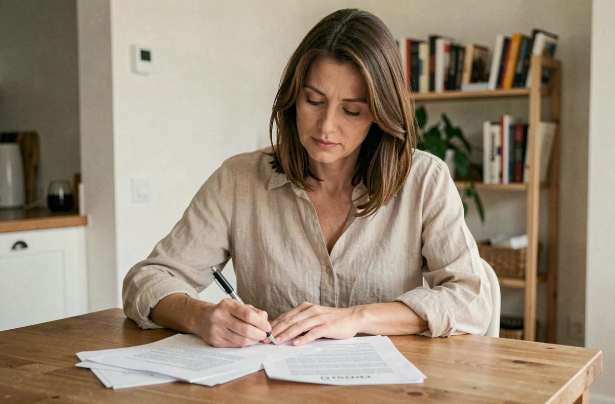 Femme consultant son contrat d'assurance habitation tous risques à la table de sa cuisine