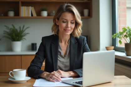 Femme examinant des documents immobiliers dans un appartement lumineux