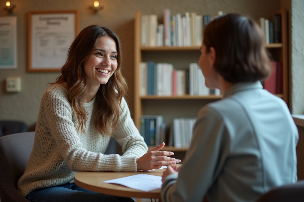 Jeune femme souriante discutant avec une assistante sociale