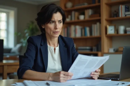 Femme consultant des documents de prêt immobilier refusé à son bureau à domicile