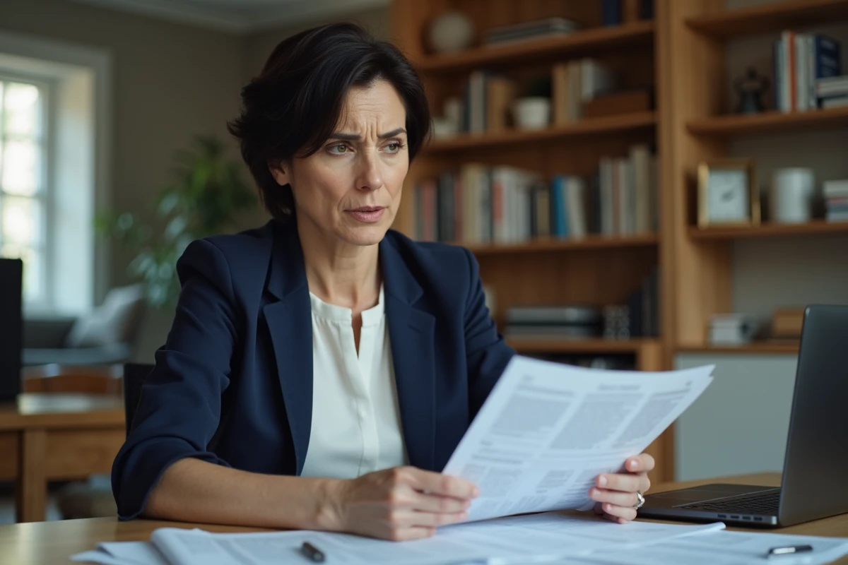 Femme consultant des documents de prêt immobilier refusé à son bureau à domicile