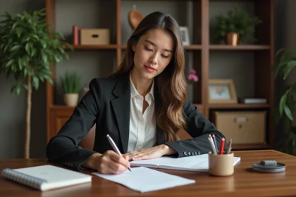 Femme écrivant une lettre dans un bureau organisé