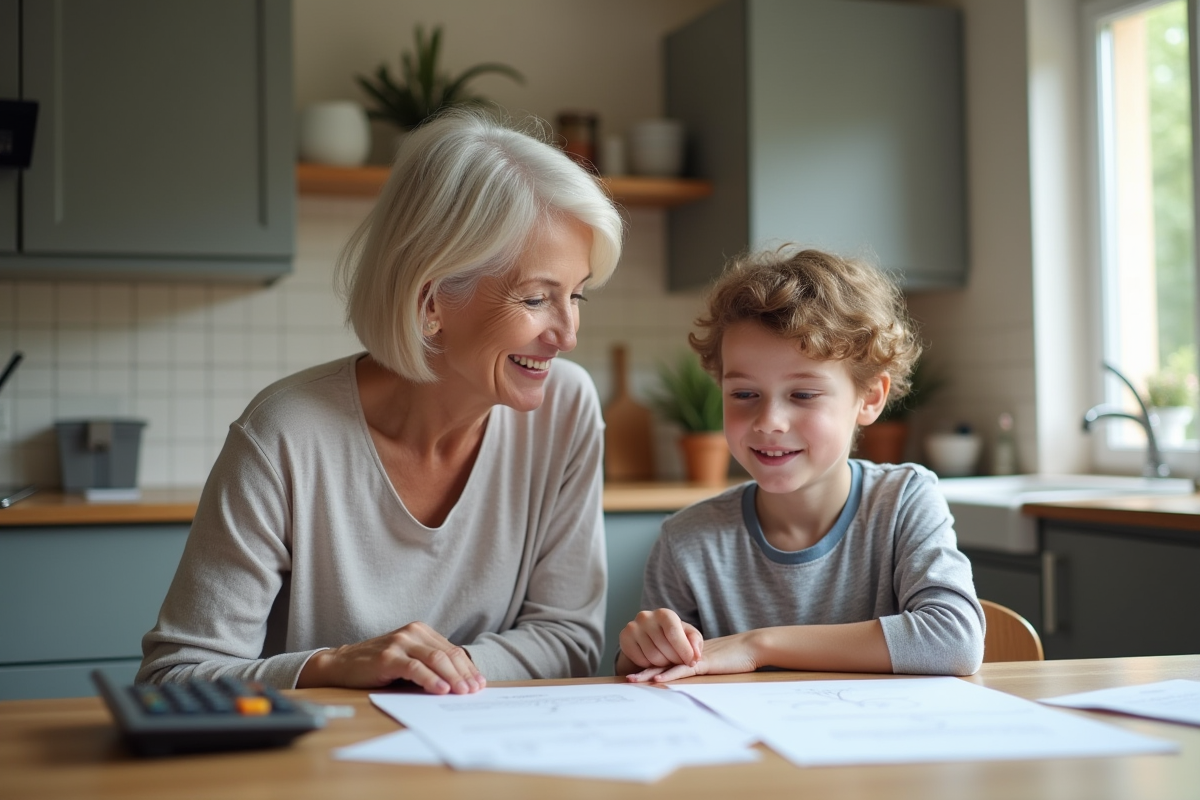 Femme et enfant à la cuisine avec documents et calculatrice
