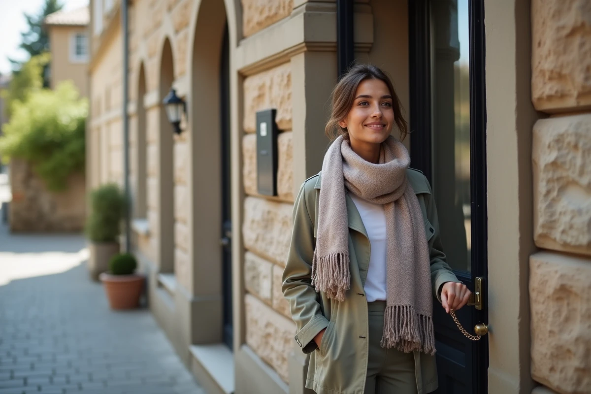 Femme souriante entrant dans un appartement en ville