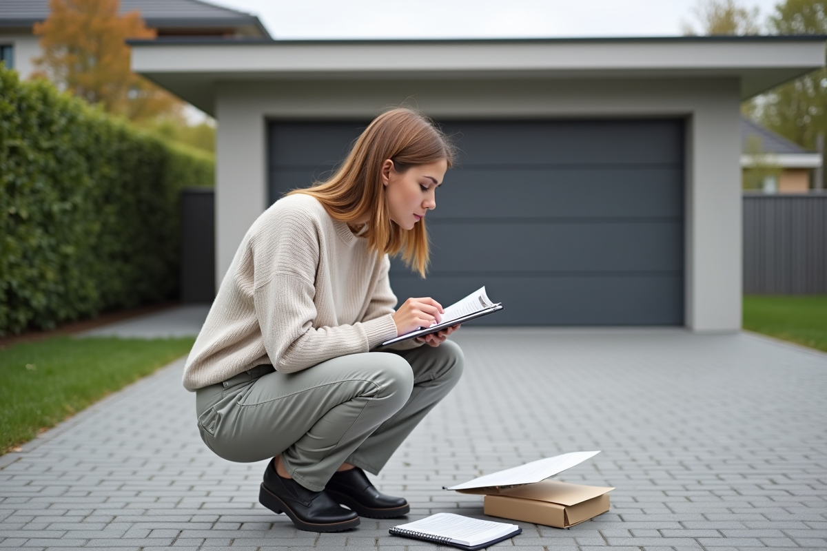 Femme calculant le coût du garage avec carnet et calculatrice
