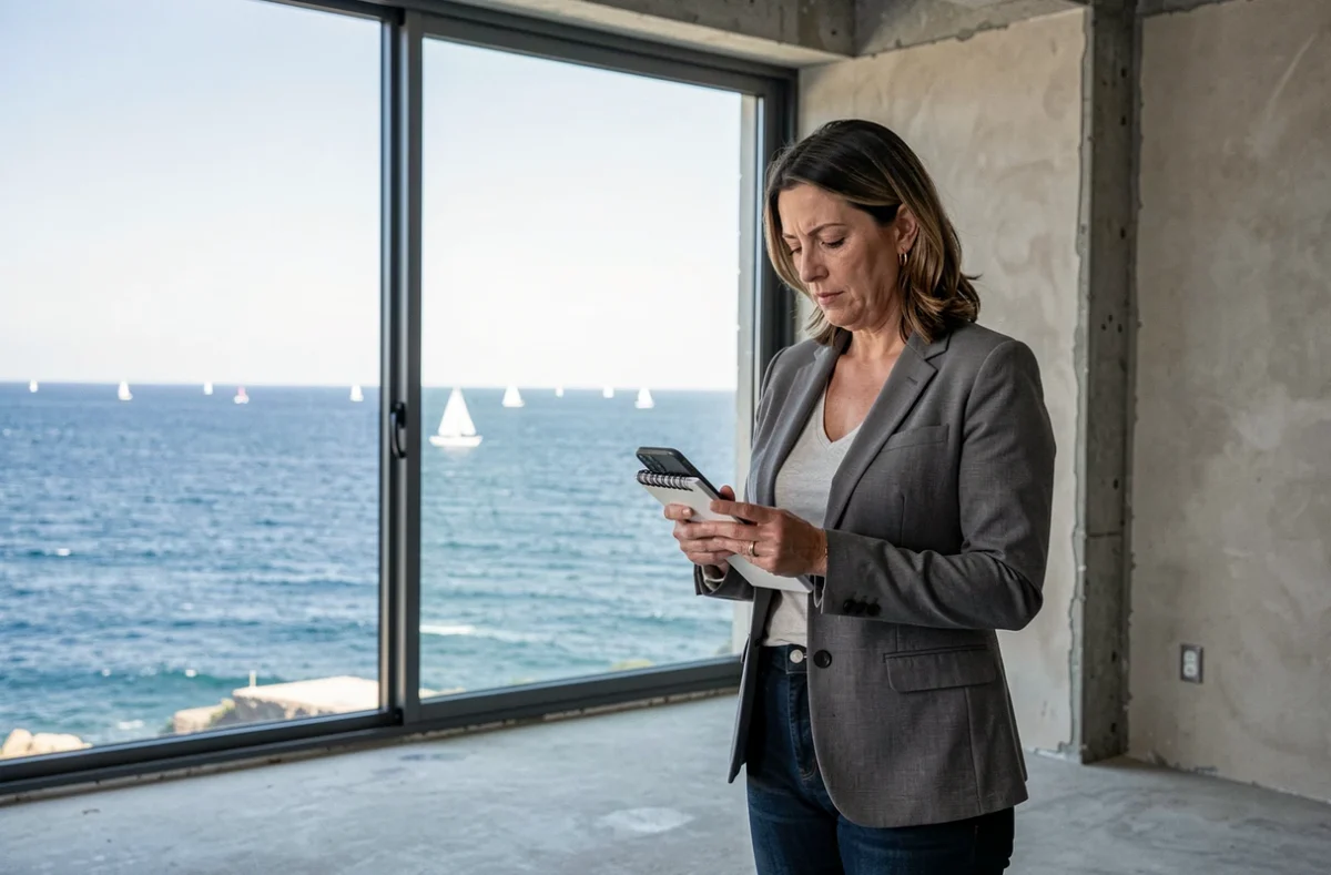 Femme évaluant seule une maison à vendre avec vue sur mer, hésitante face aux travaux de rénovation
