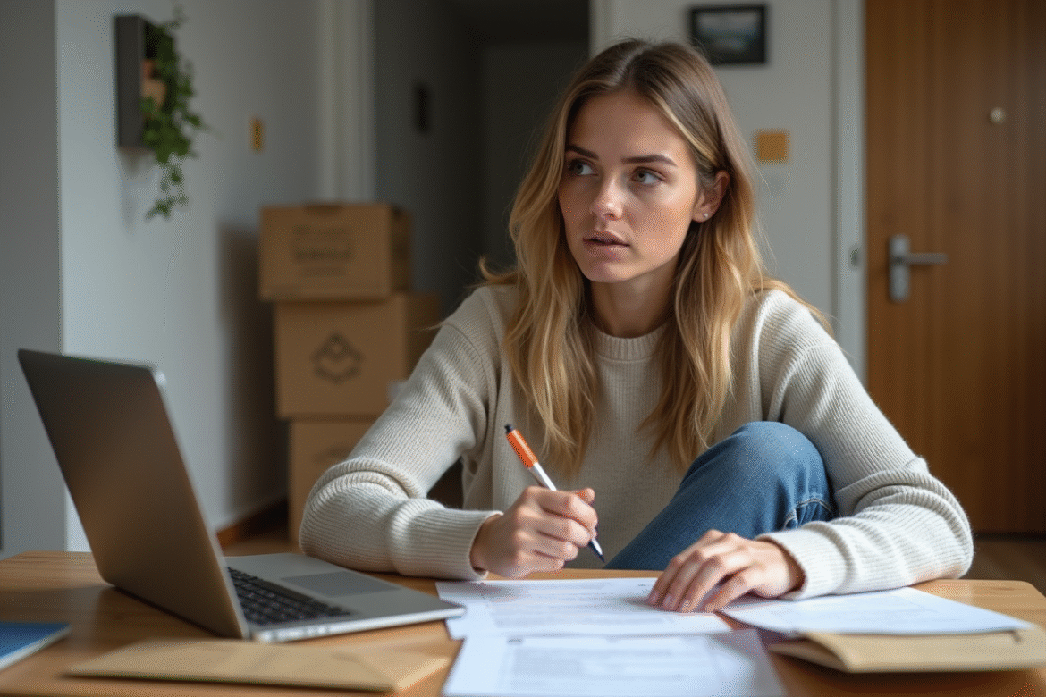 Femme concentrée remplissant des formulaires dans un appartement