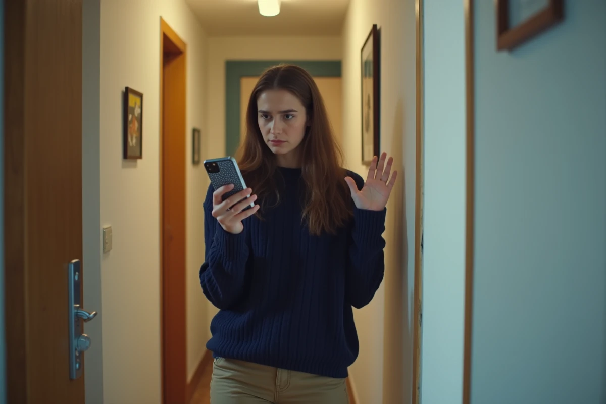 Jeune femme dans le couloir indique la porte de la salle de bain avec frustration