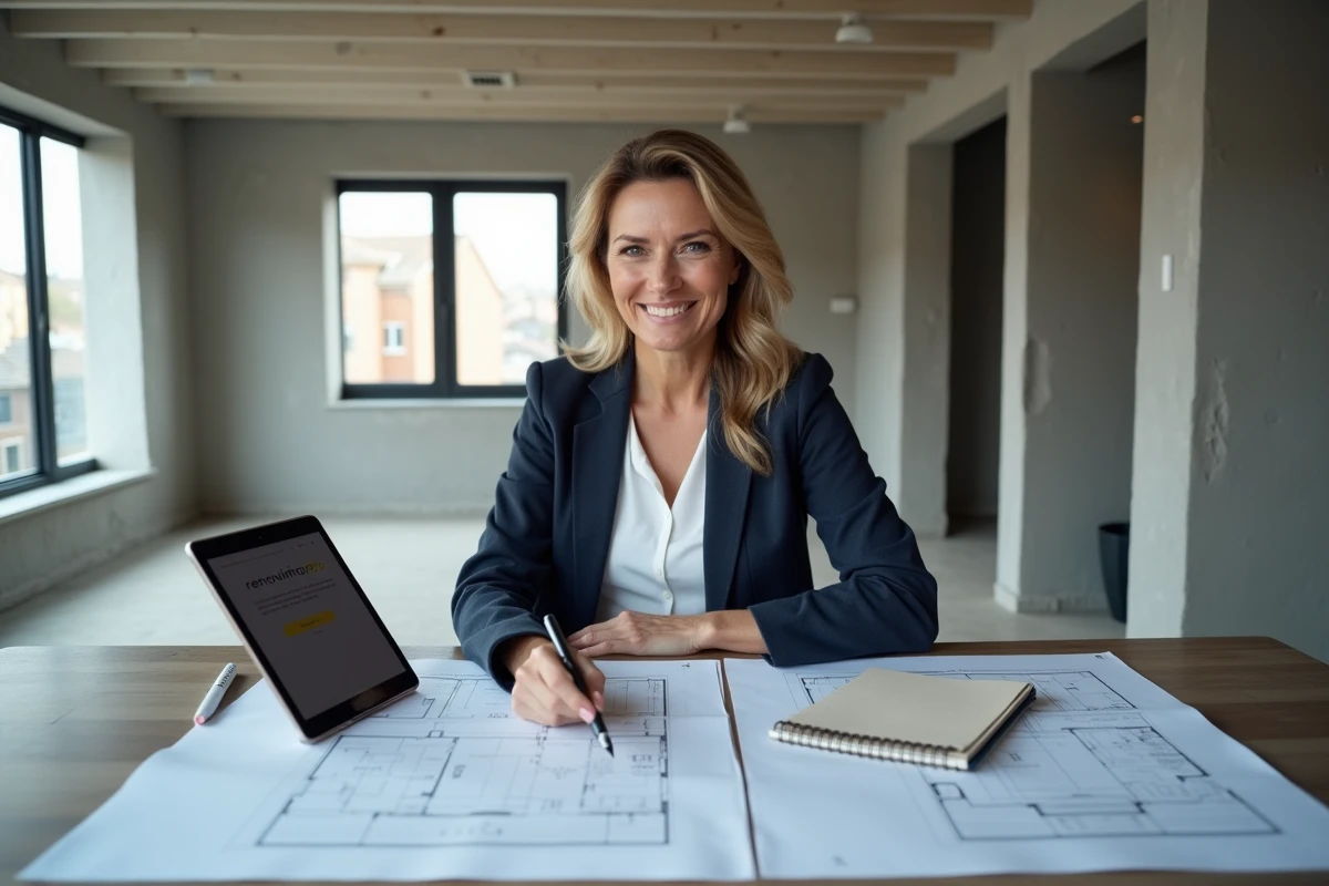 Femme consultant le guide renovimmopro.fr sur tablette pour planifier des travaux de rénovation dans un appartement