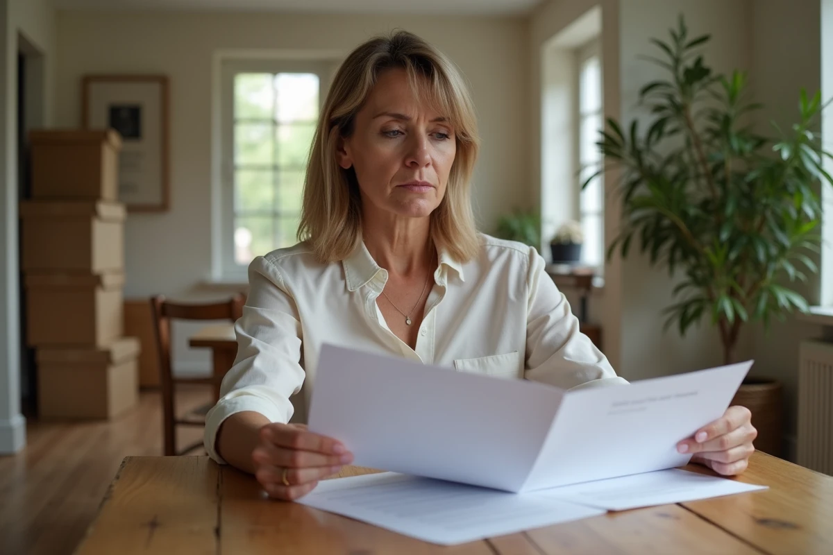 Femme d'affaires examinant des papiers immobiliers dans une maison rustique