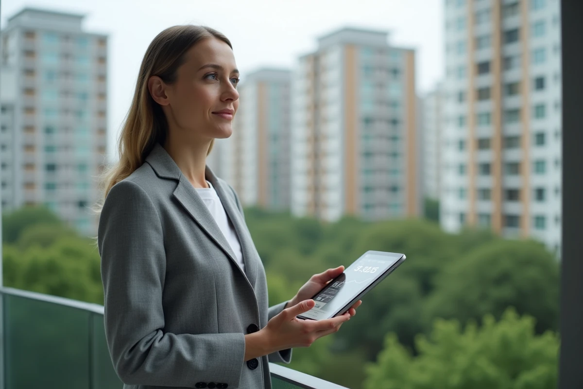 Femme investisseuse évaluant un appartement locatif depuis un balcon avec une tablette affichant des données immobilières