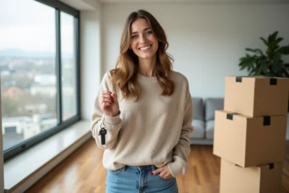 Femme souriante tenant des clés dans un appartement lyonnais