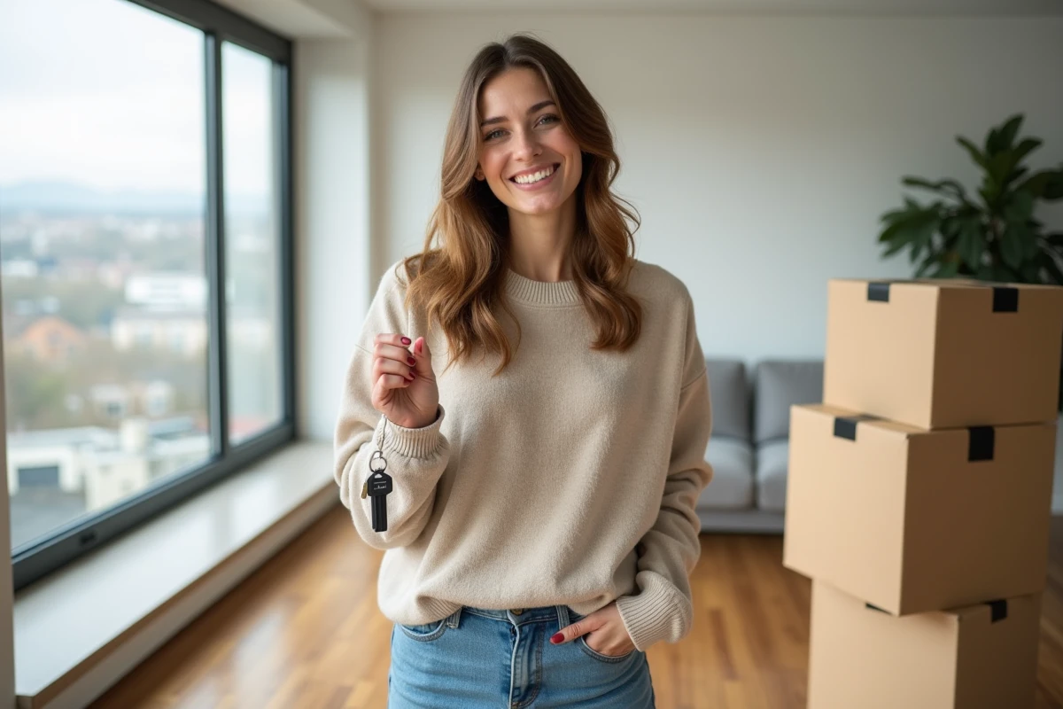 Femme souriante tenant des clés dans un appartement lyonnais