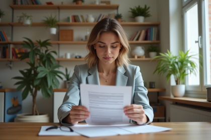 Jeune femme lisant un contrat de location dans une cuisine lumineuse