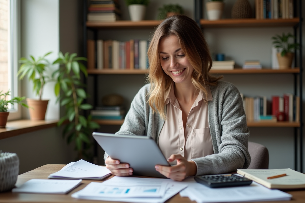 Femme souriante dans un bureau à domicile organisé